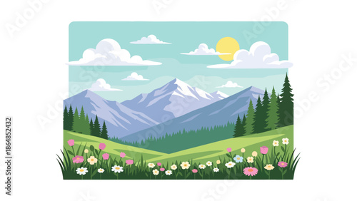 Fresh alpine meadow vector landscape wallpaper with flowers, mountains, trees, and open sky, flat illustration ideal for outdoor wallpapers and spring nature backgrounds