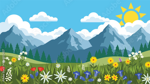 Fresh alpine meadow vector landscape wallpaper with flowers, mountains, trees, and open sky, flat illustration ideal for outdoor wallpapers and spring nature backgrounds