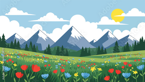 Fresh alpine meadow vector landscape wallpaper with flowers, mountains, trees, and open sky, flat illustration ideal for outdoor wallpapers and spring nature backgrounds