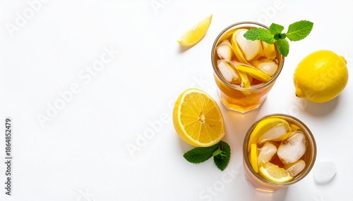 Two glasses of iced lemon tea on white background with lemons and mint.
