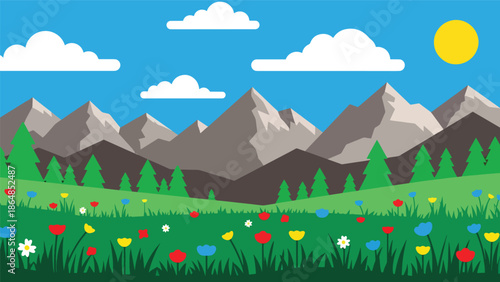 Fresh alpine meadow vector landscape wallpaper with flowers, mountains, trees, and open sky, flat illustration ideal for outdoor wallpapers and spring nature backgrounds