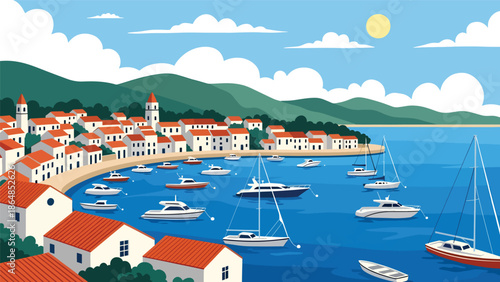 Charming coastal town vector landscape wallpaper with colorful houses, harbor, boats, and hills, flat illustration perfect for travel wallpapers and seaside backgrounds