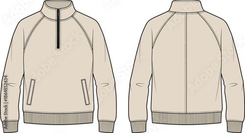 Technical jacket vector illustration, front and back view apparel design, long sleeve sportswear mockup, modern casual outerwear flat sketch, fashion template