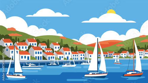 Charming coastal town vector landscape wallpaper with colorful houses, harbor, boats, and hills, flat illustration perfect for travel wallpapers and seaside backgrounds