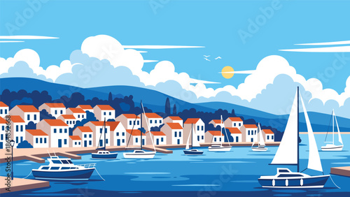 Charming coastal town vector landscape wallpaper with colorful houses, harbor, boats, and hills, flat illustration perfect for travel wallpapers and seaside backgrounds