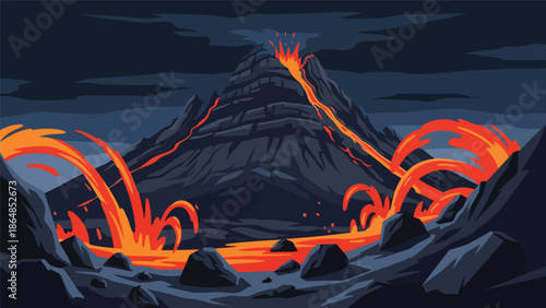 Volcanic vector landscape wallpaper with mountain peak, lava shapes, rocks, and dramatic sky, flat illustration ideal for powerful nature wallpapers and adventure themes