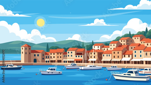 Charming coastal town vector landscape wallpaper with colorful houses, harbor, boats, and hills, flat illustration perfect for travel wallpapers and seaside backgrounds