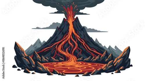 Volcanic vector landscape wallpaper with mountain peak, lava shapes, rocks, and dramatic sky, flat illustration ideal for powerful nature wallpapers and adventure themes