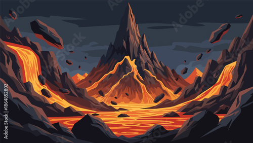 Volcanic vector landscape wallpaper with mountain peak, lava shapes, rocks, and dramatic sky, flat illustration ideal for powerful nature wallpapers and adventure themes