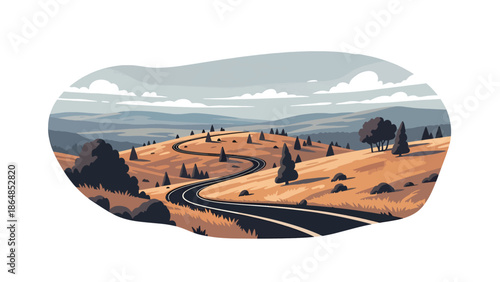 Wide grassland vector landscape wallpaper with open plains, scattered trees, clouds, and distant hills, flat illustration perfect for minimal scenic backgrounds