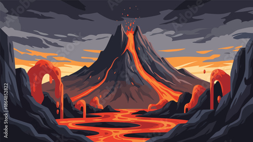 Volcanic vector landscape wallpaper with mountain peak, lava shapes, rocks, and dramatic sky, flat illustration ideal for powerful nature wallpapers and adventure themes
