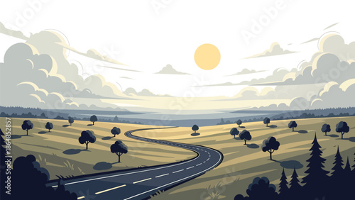 Wide grassland vector landscape wallpaper with open plains, scattered trees, clouds, and distant hills, flat illustration perfect for minimal scenic backgrounds