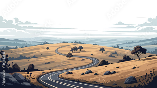 Wide grassland vector landscape wallpaper with open plains, scattered trees, clouds, and distant hills, flat illustration perfect for minimal scenic backgrounds