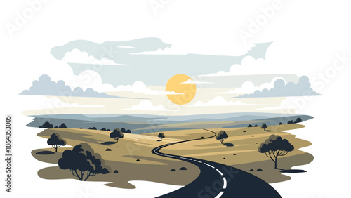 Wide grassland vector landscape wallpaper with open plains, scattered trees, clouds, and distant hills, flat illustration perfect for minimal scenic backgrounds