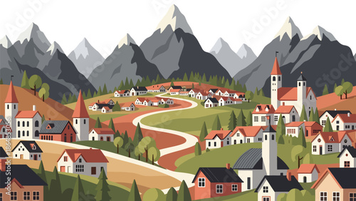 ozy mountain village vector landscape wallpaper with small houses, winding road, trees, and surrounding peaks, flat illustration ideal for scenic travel wallpapers