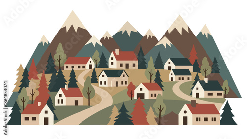 ozy mountain village vector landscape wallpaper with small houses, winding road, trees, and surrounding peaks, flat illustration ideal for scenic travel wallpapers