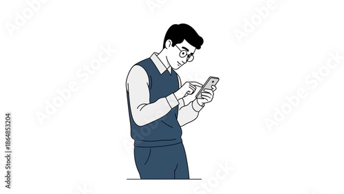 Young man using a smartphone while standing in casual attire isolated on white background