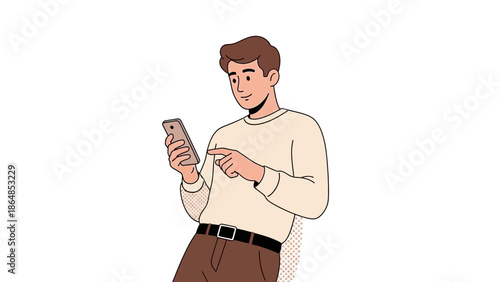 Young man using a smartphone with a focused expression while engaging with technology in a casual