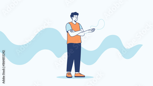 Young man using a smartphone with floating hologram illustration personalized tech interaction