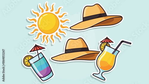 Summer vacation accessories with sun, hats, and colorful cocktails with umbrellas and straws on a light blue background with holiday