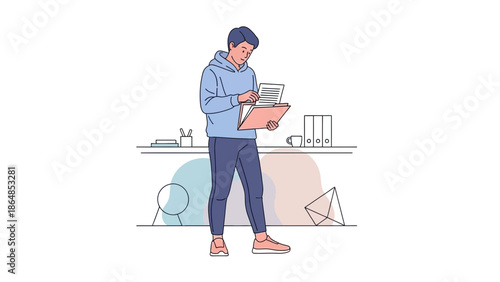 Young man using laptop and smartphone in a modern workspace illustration