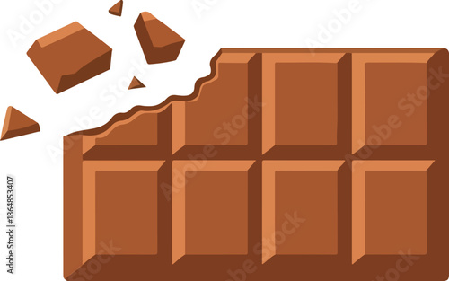 Delicious milk chocolate bar with a bite taken out, revealing crumbly pieces and a rich, smooth texture