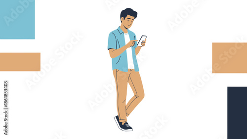 Young man using smartphone while standing in a minimalistic abstract background