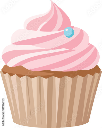 Delicious Pink Frosted Cupcake with Light Blue Candy Decoration on a White Background