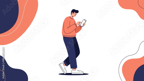 young man using smartphone while walking in a colorful abstract background digital illustration