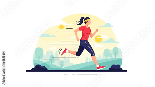 Woman jogging outdoors in a scenic park during sunrise or sunset.