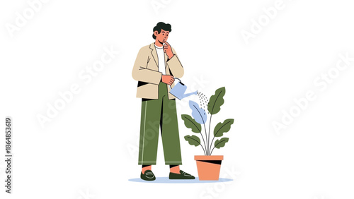 Young man watering a potted plant demonstrating care for nature and environment