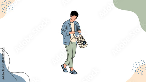 Stylish young woman in casual outfit shopping with a basket in hand on a minimalist background