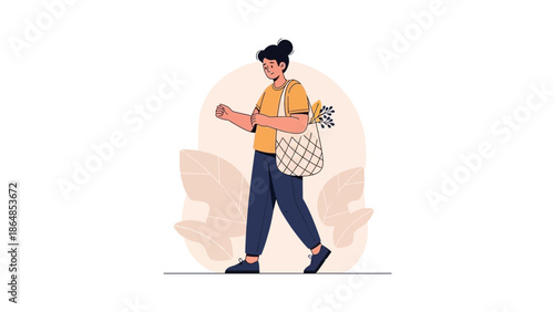 Young woman with backpack walking outdoors in a casual and relaxed manner
