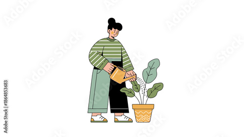 Illustration of a woman watering a potted indoor plant with a simple and modern design