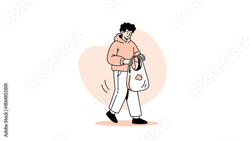 Casual young person carrying a reusable shopping bag and walking outdoors in a minimalistic