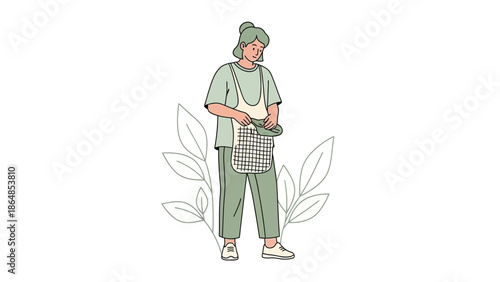 Minimalist Illustration of an Elderly Woman Holding a Tote Bag with Plants in the Background
