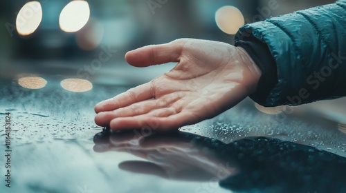 RainKissed Hand on Car Hood Reflective Surface Urban Lights Moody Atmosphere.
