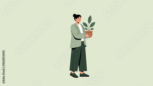 Minimalist Illustration of a Woman Holding a Potted Plant in a Calm Environment