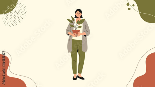 Minimalist Illustration of a Woman Holding a Potted Plant with Natural Green and Earth Tones