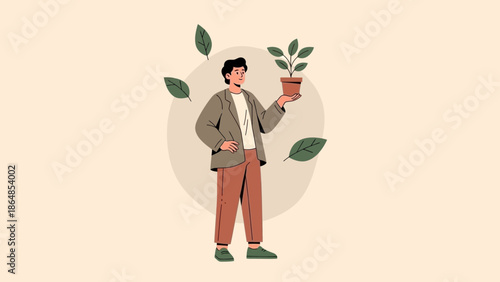 Modern Illustration of a Man Holding a Potted Plant with Green Leaves in Minimal Style