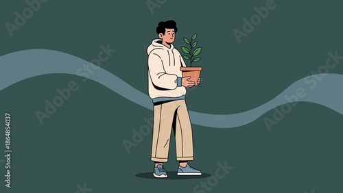 Young man holding a potted plant with a minimalist background illustrating nature and growth