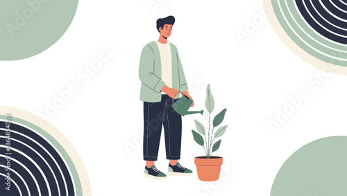 Young man watering potted plant with modern abstract background for environmental awareness
