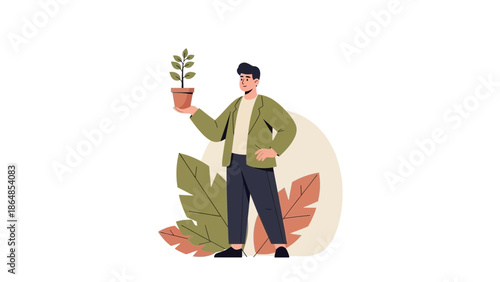 illustration of a confident young man holding a potted plant amidst large autumn leaves