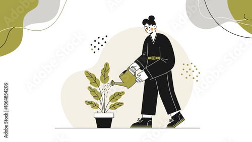 Illustration of a person watering a potted plant in a minimalistic style with abstract background