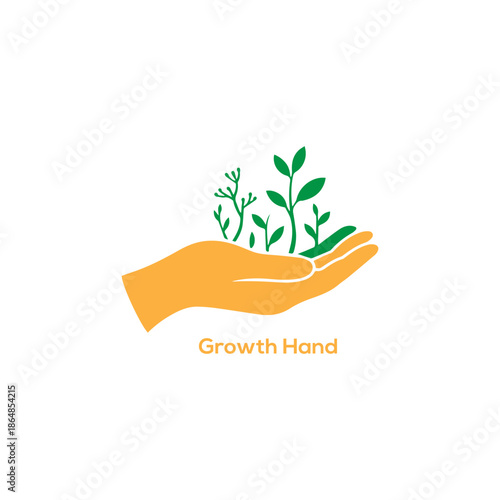 Hand holding growing plants icon, environmental care symbol for sustainability, nurturing growth support vector illustration isolated on white background

