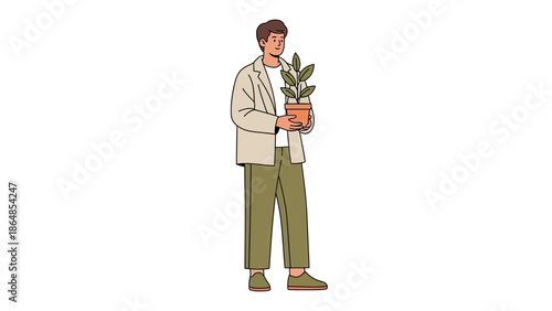 illustration of a young man holding a potted plant in a minimalistic style perfect for
