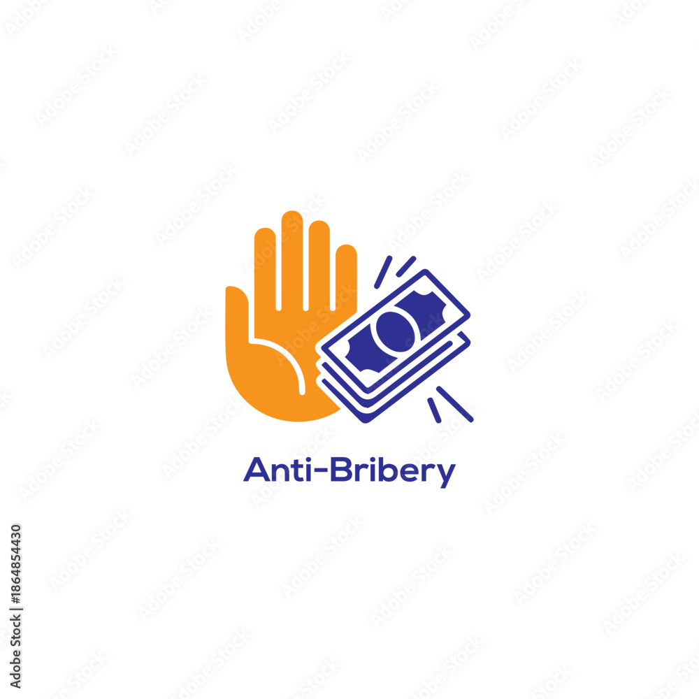 Fototapeta premium Anti bribery compliance icon with hand rejecting money, ethics policy symbol for corruption prevention vector illustration isolated on white
