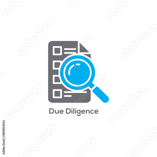 Due diligence checklist document with magnifying glass icon, audit investigation and compliance review illustration vector isolated on white background

