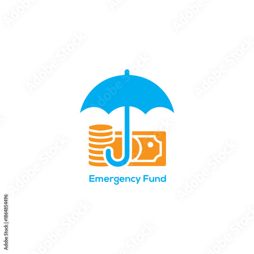 Emergency fund savings icon with umbrella protecting cash and coins, financial safety buffer vector illustration isolated on white background


