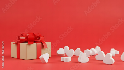 A brown gift box tied with a red ribbon and bow, surrounded by white hearts on a red background